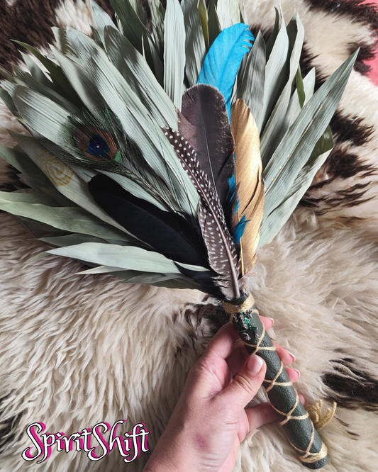 Chakapa • Green Leather • Frog Charm • Feathers • Shipibo Healing Rattle • Pre-made GENUINE SpiritShift
