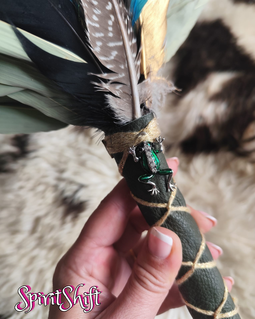Chakapa • Green Leather • Frog Charm • Feathers • Shipibo Healing Rattle • Pre-made GENUINE SpiritShift