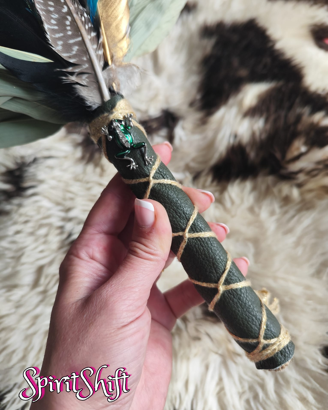 Chakapa • Green Leather • Frog Charm • Feathers • Shipibo Healing Rattle • Pre-made GENUINE SpiritShift