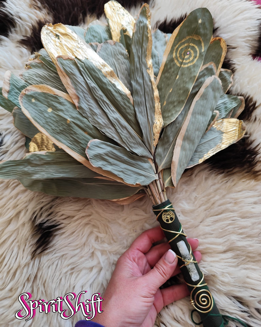 Chakapa Seasonal HALO LEAF • Green Leather, Gold Leaf, Tree of Life Charm, Citrine Crystal and Gold Coil • Pre-Made