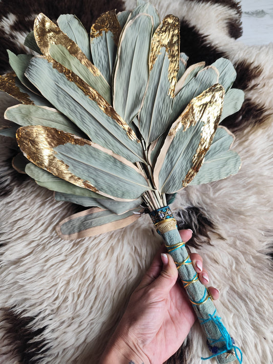 Chakapa – Halo Leaf & Feathers • Sage Green Suede Handle, Amethyst, Lapis Lazuli & Gold Leaf • PRE-MADE