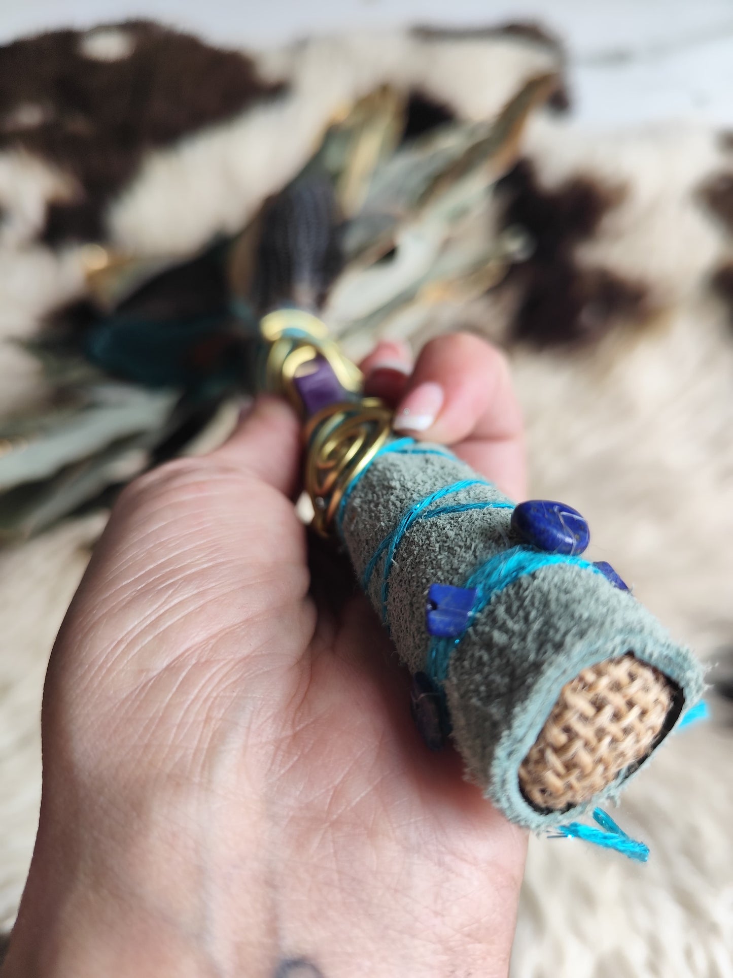 Chakapa – Halo Leaf & Feathers • Sage Green Suede Handle, Amethyst, Lapis Lazuli & Gold Leaf • PRE-MADE
