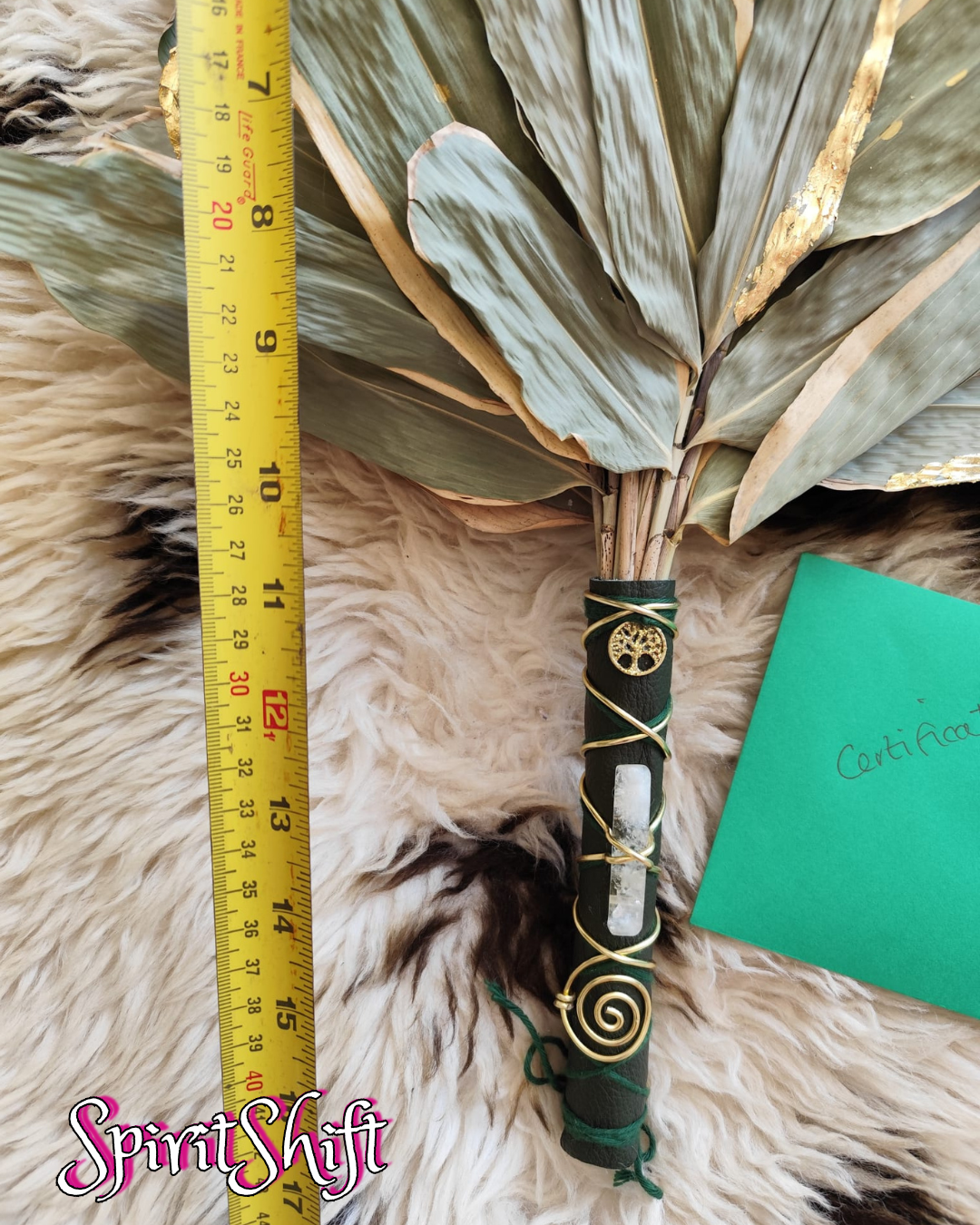 Chakapa Seasonal HALO LEAF • Green Leather, Gold Leaf, Tree of Life Charm, Citrine Crystal and Gold Coil • Pre-Made