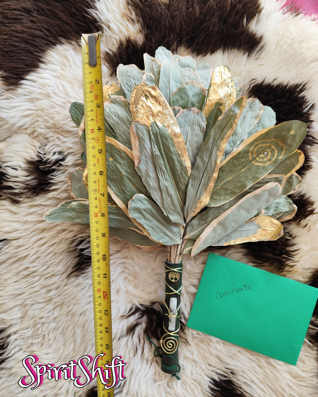 Chakapa Seasonal HALO LEAF • Green Leather, Gold Leaf, Tree of Life Charm, Citrine Crystal and Gold Coil • Pre-Made