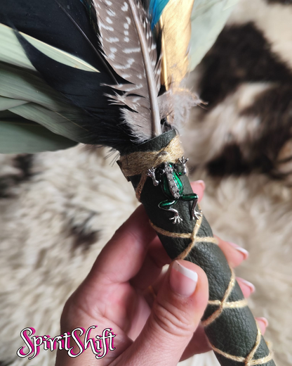 Chakapa • Green Leather • Frog Charm • Feathers • Shipibo Healing Rattle • Pre-made GENUINE SpiritShift