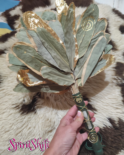 Chakapa Seasonal HALO LEAF • Green Leather, Gold Leaf, Tree of Life Charm, Citrine Crystal and Gold Coil • Pre-Made