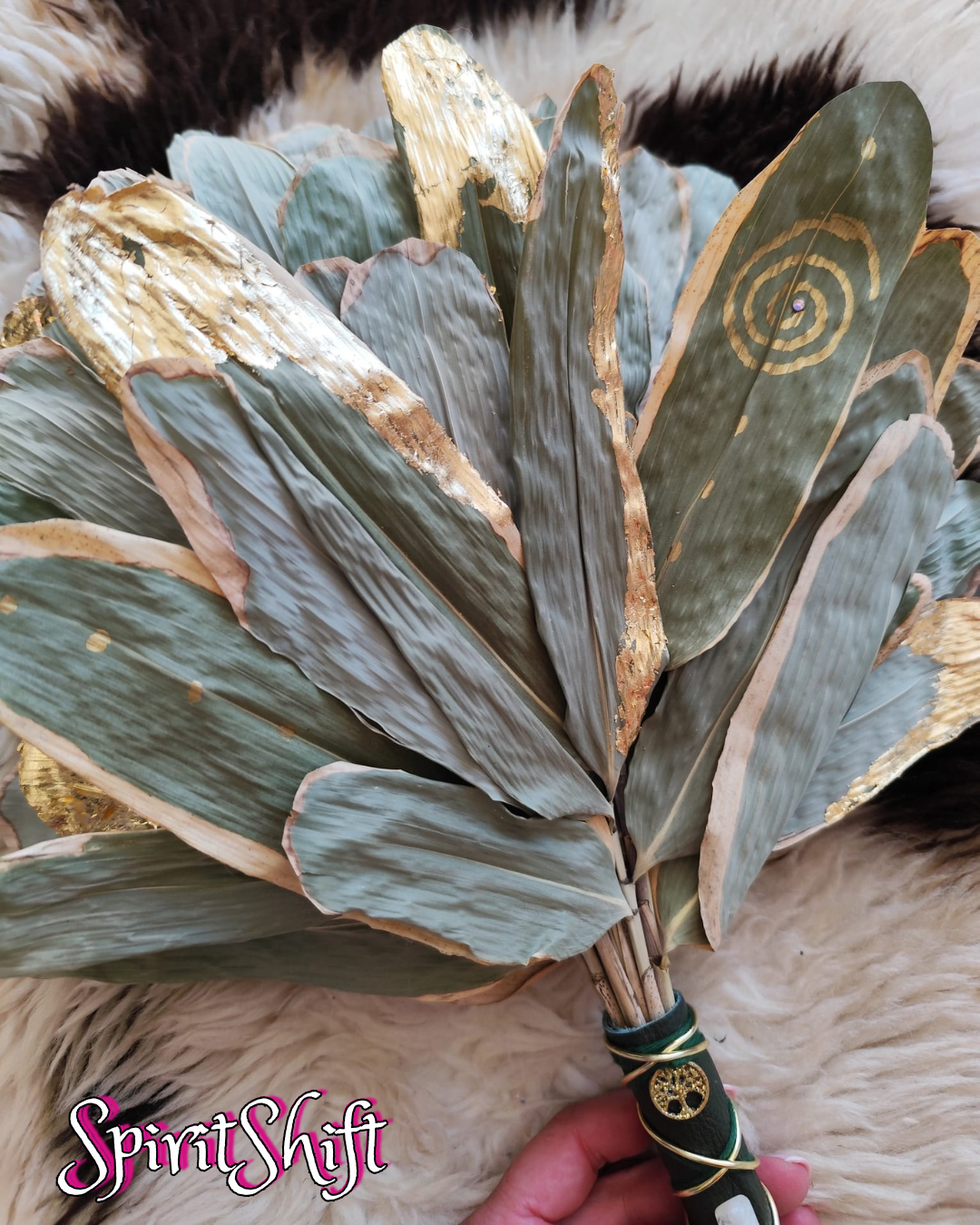 Chakapa Seasonal HALO LEAF • Green Leather, Gold Leaf, Tree of Life Charm, Citrine Crystal and Gold Coil • Pre-Made