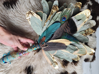 Chakapa – Halo Leaf & Feathers • Sage Green Suede Handle, Amethyst, Lapis Lazuli & Gold Leaf • PRE-MADE
