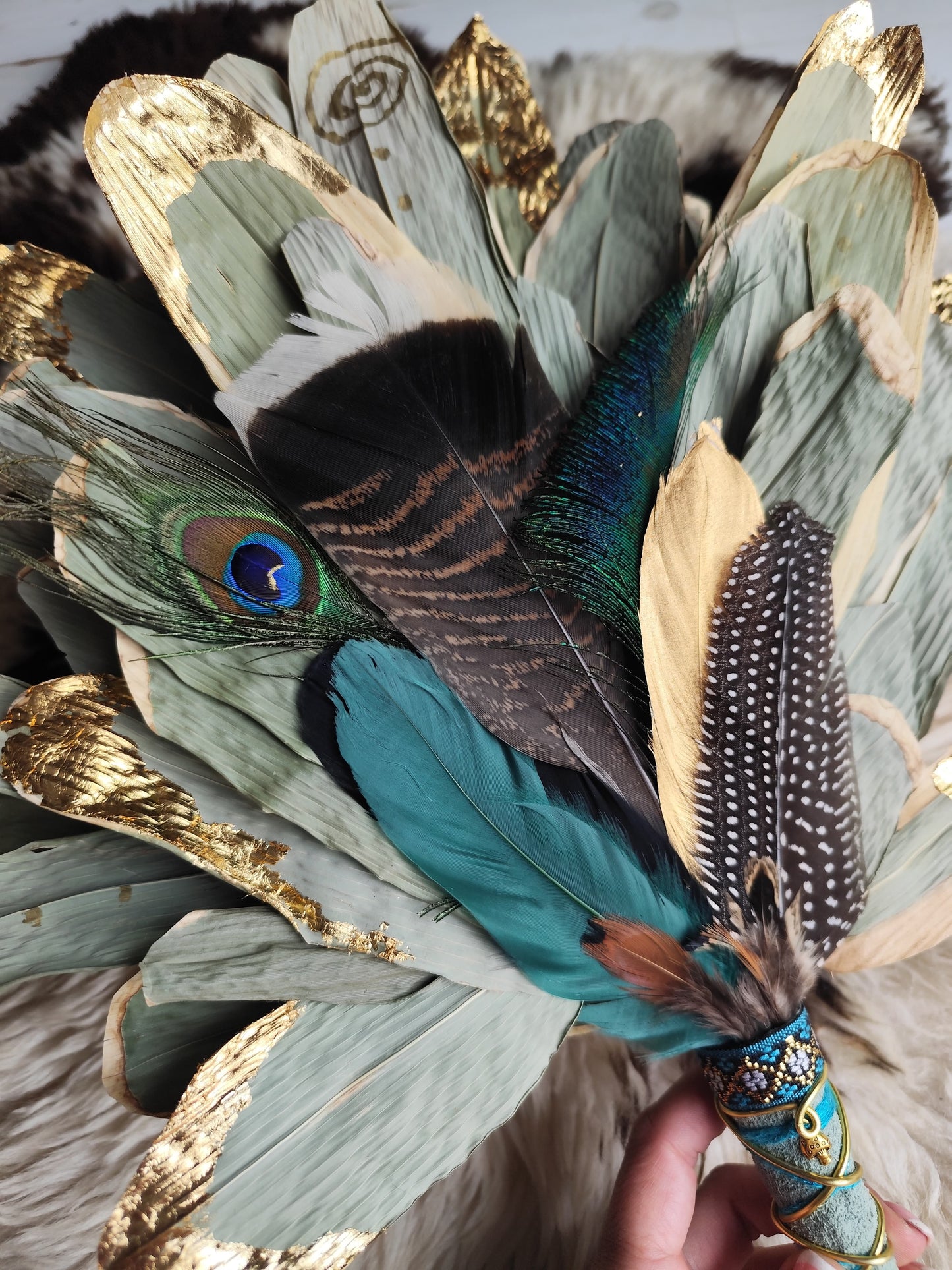 Chakapa – Halo Leaf & Feathers • Sage Green Suede Handle, Amethyst, Lapis Lazuli & Gold Leaf • PRE-MADE