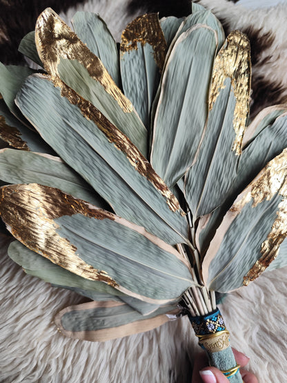 Chakapa – Halo Leaf & Feathers • Sage Green Suede Handle, Amethyst, Lapis Lazuli & Gold Leaf • PRE-MADE