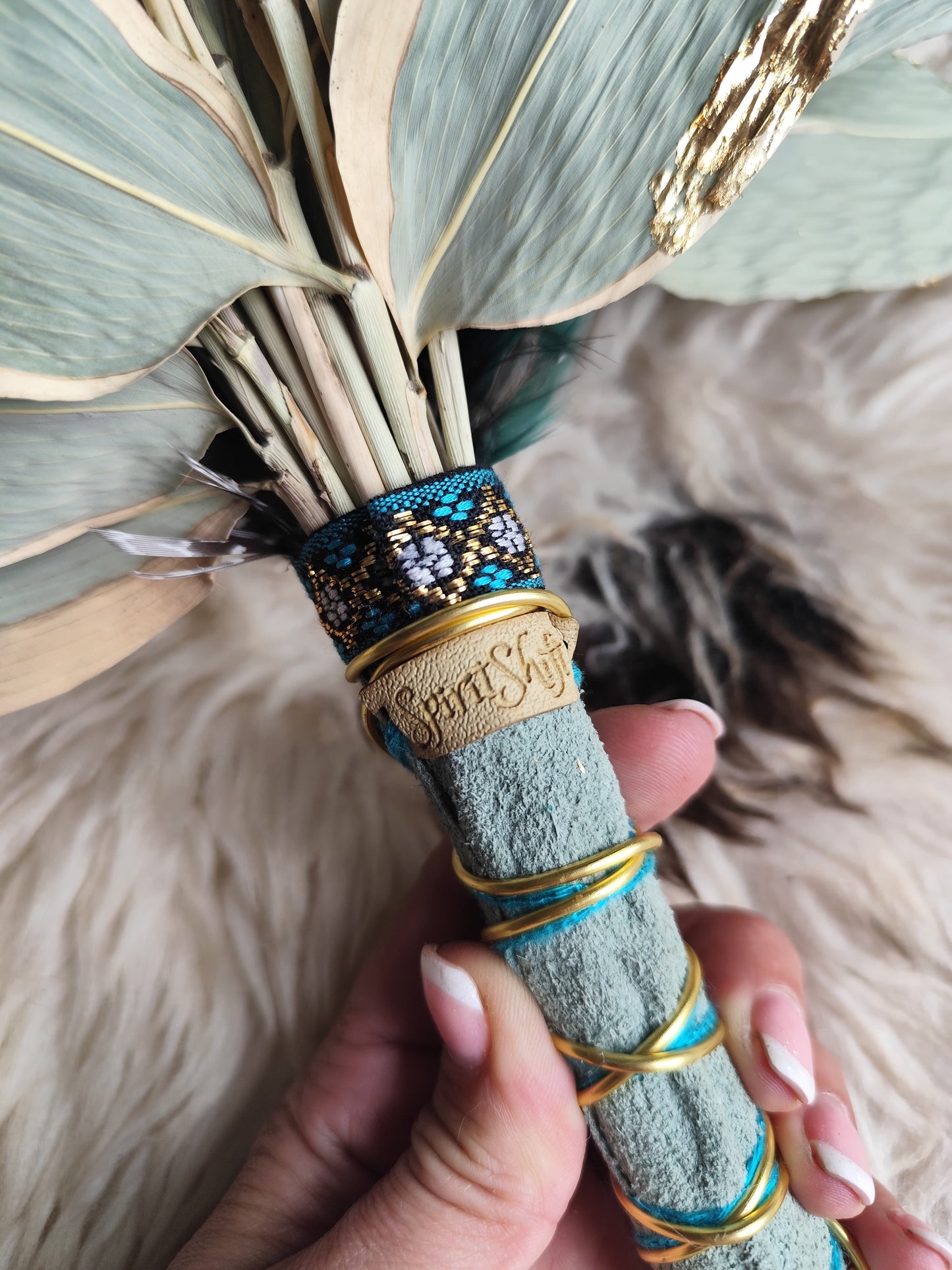 Chakapa – Halo Leaf & Feathers • Sage Green Suede Handle, Amethyst, Lapis Lazuli & Gold Leaf • PRE-MADE