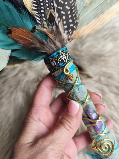 Chakapa – Halo Leaf & Feathers • Sage Green Suede Handle, Amethyst, Lapis Lazuli & Gold Leaf • PRE-MADE