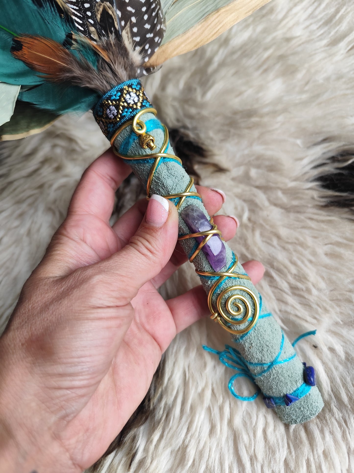 Chakapa – Halo Leaf & Feathers • Sage Green Suede Handle, Amethyst, Lapis Lazuli & Gold Leaf • PRE-MADE